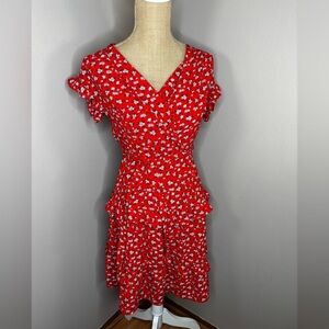 Monteau Red Floral Mini Sun Dress Faux-Wrap Ruffled Size XS